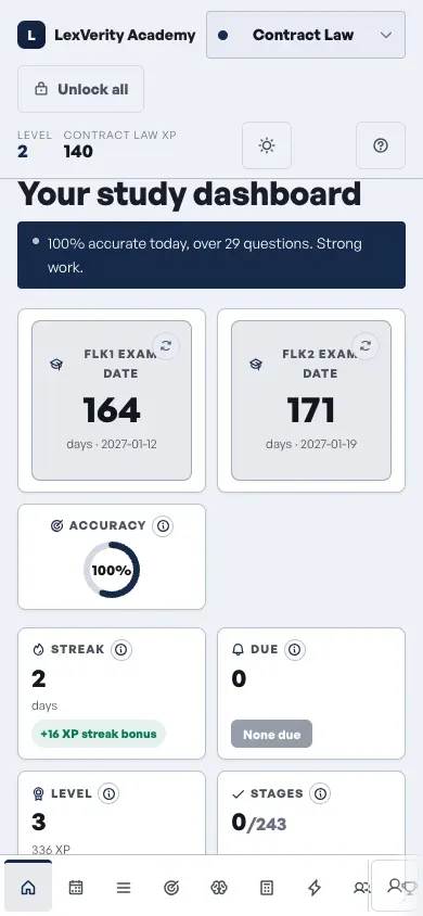 The same study dashboard on a phone, showing exam dates, accuracy and streak.