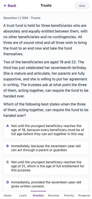The practice question screen in the LexVerity Academy app on a phone, showing a Trusts scenario about three beneficiaries followed by lettered options A to D.