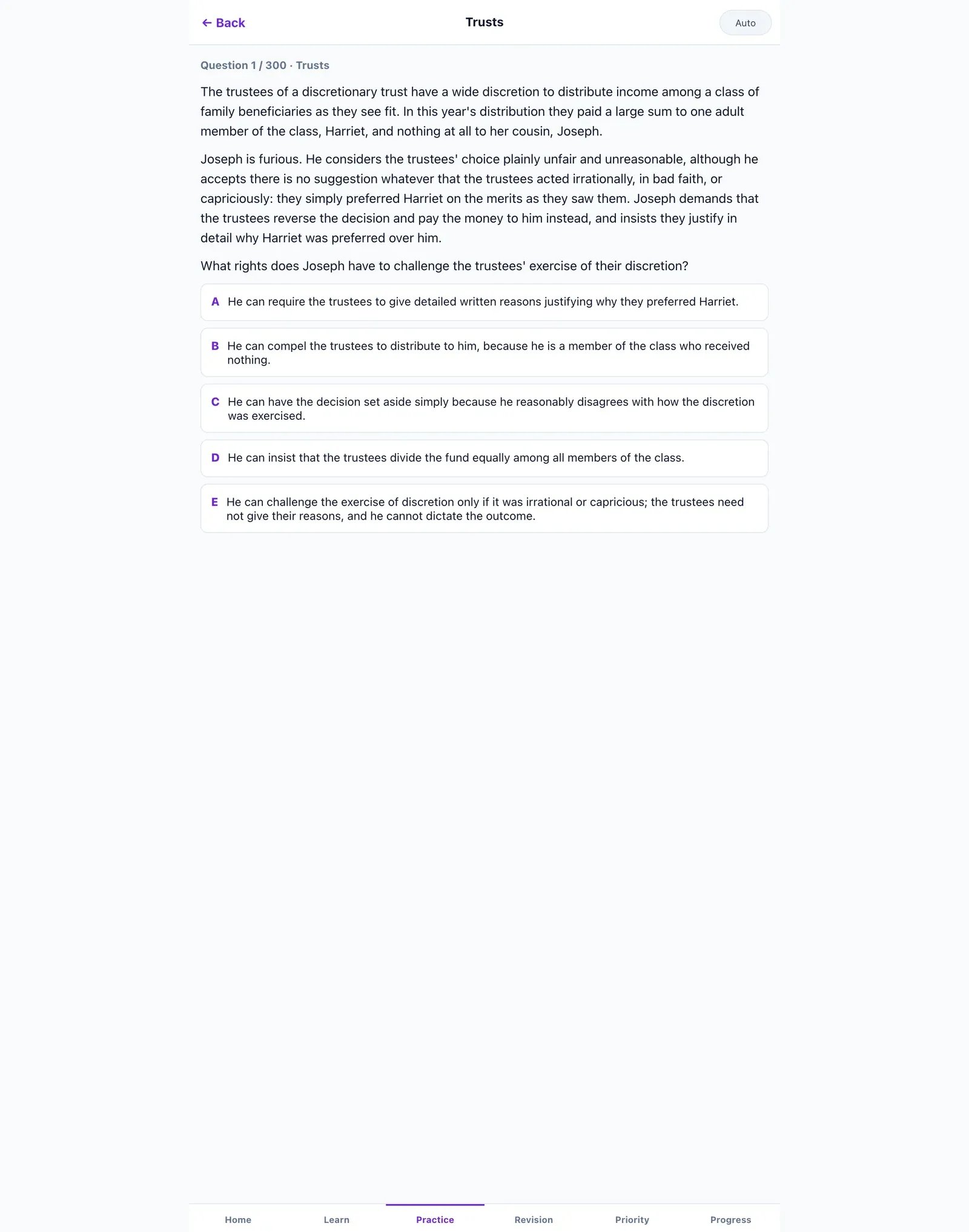 The practice question screen in the LexVerity Academy app, headed question 1 of 300 in Trusts, showing a discretionary trust scenario followed by five lettered options from A to E.