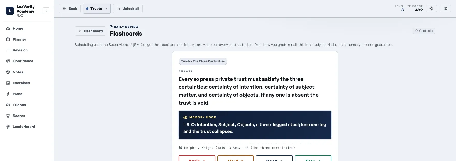 A daily review card in the LexVerity Academy app, showing a spaced-repetition prompt drawn from the Trusts subject.